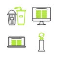 Set line Trophy Golden Globe, Buy cinema ticket online, and Popcorn and soda drink glass icon. Vector