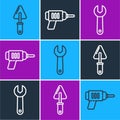 Set line Trowel, Wrench spanner and Electric drill machine icon. Vector