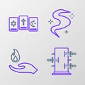 Set line Trunk for magic tricks, Hand holding fire, Magic fog smoke and Three tarot cards icon. Vector Royalty Free Stock Photo