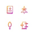 Set line Trunk for magic tricks, Magic hand mirror, Ancient book and Wizard warlock. Gradient color icons. Vector Royalty Free Stock Photo