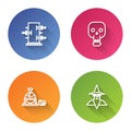 Set line Trunk for magic tricks, Skull, Witch cauldron and stone and Wizard warlock. Color circle button. Vector