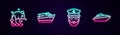 Set line Tsunami, Speedboat, Captain of ship and . Glowing neon icon. Vector