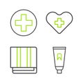 Set line Tube of toothpaste, Towel stack, Heart with cross and Cross hospital medical icon. Vector Royalty Free Stock Photo