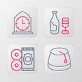 Set line Turkish hat, Traditional carpet, Wine bottle with glass and Clock icon. Vector