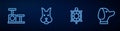 Set line Turtle, Cat scratching post with toy, Dog and . Glowing neon icon on brick wall. Vector Royalty Free Stock Photo