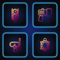 Set line Turtle, Diving mask and snorkel, Gauge scale and Flashlight. Gradient color icons. Vector