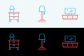 Set line TV table stand, Nightstand with lamp and Floor icon. Vector Royalty Free Stock Photo