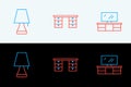 Set line TV table stand, Table lamp and Office desk icon. Vector