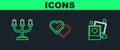 Set line Two blanks photo frames and hearts, Candlestick and Linked Hearts icon. Vector Royalty Free Stock Photo