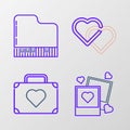 Set line Two blanks photo frames and hearts, Suitcase for travel with, Linked Hearts and Grand piano icon. Vector