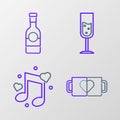 Set line Two coffee cup and heart, Music note, tone with hearts, Glass champagne and Champagne bottle icon. Vector