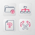 Set line Two crossed hammers, Unknown document, Folder tree and directory icon. Vector