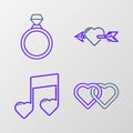 Set line Two Linked Hearts, Music note, tone with hearts, Amour and arrow and Diamond engagement ring icon. Vector