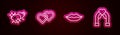 Set line Two Linked Hearts, , Smiling lips and Wedding arch. Glowing neon icon. Vector