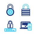 Set line Two steps authentication, Password protection, Lock and Safe combination lock wheel icon. Vector
