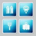 Set line Two towers in Dnipro, Dumplings on fork, Garden pitchfork and Wicker fence icon. Vector Royalty Free Stock Photo