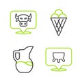 Set line Udder, Milk jug or pitcher, Ice cream in waffle cone and Cow head icon. Vector