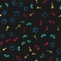 Set line Udder, Pickup truck, Garden pitchfork and Rubber gloves on seamless pattern. Vector Royalty Free Stock Photo