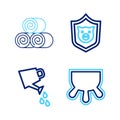 Set line Udder, Watering can, Shield with pig and Roll of hay icon. Vector