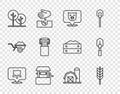 Set line Udder, Wheat, Pig, Well, Tree, Can container for milk, Farm house and Shovel icon. Vector