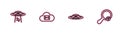 Set line UFO abducts cow, flying spaceship, Cloud mail server and Unknown search icon. Vector