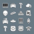 Set line UFO abducts cow, Rocket ship with fire, Unknown document, Hammer, flying spaceship and alien, Alien, Server