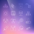 Set line UFO flying spaceship and alien, Loading, Computer network, Trash can, Police badge, Folder tree and Server Royalty Free Stock Photo