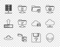 Set line UFO flying spaceship, Alien, Unknown directory, Folder tree, Server, Data, Web Hosting, FTP operation Royalty Free Stock Photo