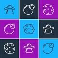 Set line UFO flying spaceship, Asteroid and Planet icon. Vector