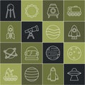 Set line UFO flying spaceship, Planet Mars, Rocket, rover, Telescope, Satellite and icon. Vector Royalty Free Stock Photo