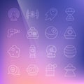 Set line UFO flying spaceship, Planet, Space capsule, Comet falling down fast, Ray gun, Radar and icon. Vector Royalty Free Stock Photo