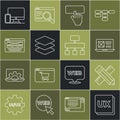 Set line UI or UX design, Crossed ruler and pencil, Keyboard, Layers, Monitor mobile and Site map icon. Vector
