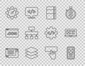 Set line UI or UX design, Sketchbook album, Layers, Website statistic, Site map, Keyboard and icon. Vector