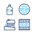 Set line Ukrainian ethnic pattern, house, hryvnia and Bottle of vodka icon. Vector