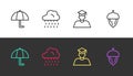 Set line Umbrella, Cloud with rain, Graduate and graduation cap and Acorn on black and white. Vector