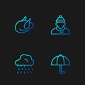 Set line Umbrella, Cloud with rain, Roasted turkey or chicken and Autumn clothes. Gradient color icons. Vector