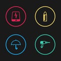 Set line Umbrella, Drill machine, Bullet and Power bank icon. Vector