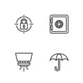 Set line Umbrella, Fire sprinkler system, Lock and Safe icon. Vector