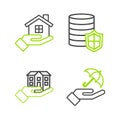 Set line Umbrella in hand, House, Money with shield and icon. Vector