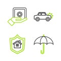 Set line Umbrella, House with shield, Car and Safe in hand icon. Vector Royalty Free Stock Photo