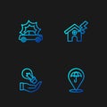 Set line Umbrella, Light bulb in hand, Car accident and House lightning. Gradient color icons. Vector