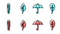 Set line Umbrella, Meteorology thermometer, Leaf or leaves and Leaf or leaves icon. Vector