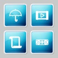 Set line Umbrella, Play Video, Paper scroll and Bluetooth speakers icon. Vector