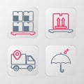 Set line Umbrella and rain drops, Delivery tracking, Cardboard boxes on pallet and icon. Vector