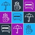 Set line Umbrella, Speech bubble with text autumn and Cup of tea icon. Vector