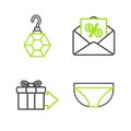 Set line Underwear, Gift box, Envelope with an interest discount and Earring icon. Vector