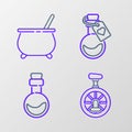 Set line Unicycle or one wheel bicycle, Bottle with love potion, and Witch cauldron icon. Vector Royalty Free Stock Photo