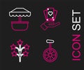 Set line Unicycle or one wheel bicycle, Fireworks, Hand holding playing cards and Attraction carousel icon. Vector