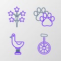 Set line Unicycle or one wheel bicycle, Riding kid duck, Paw print and Fireworks icon. Vector