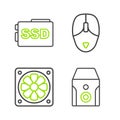Set line Uninterruptible power supply, Computer cooler, mouse and SSD card icon. Vector